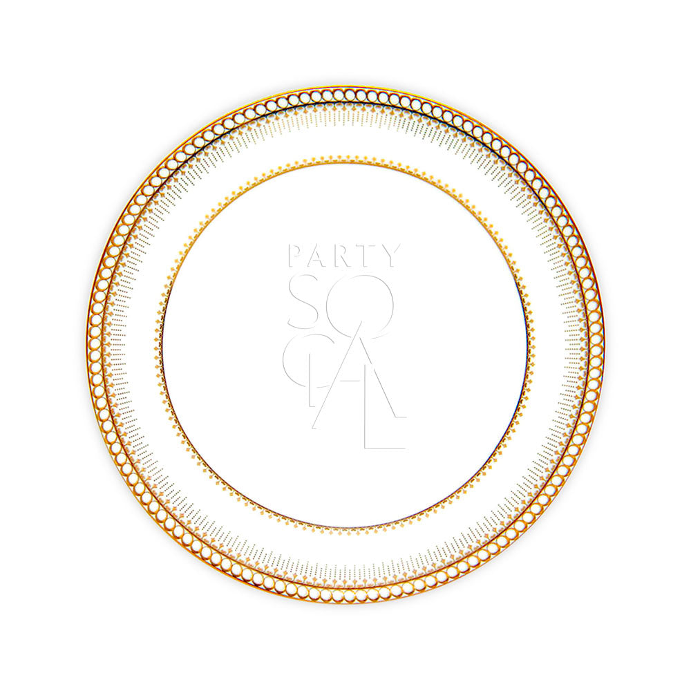 Classic China Gold Plate with orange trim, part of the Talisman collection, ideal for premium events, available in various sizes.