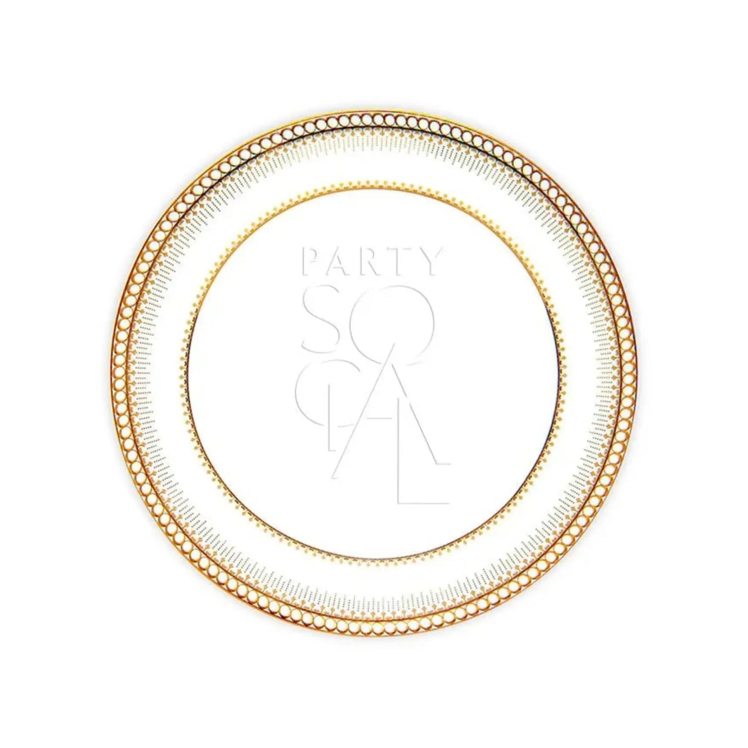 CLASSIC CHINA GOLD PLATES featuring ornate gold rings with bead motifs, ideal for elegant events. Center text reads “PARTY SOCIAL.” Available in multiple sizes.