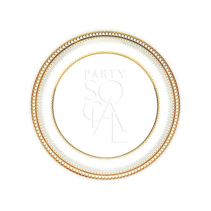 CLASSIC CHINA GOLD PLATES featuring ornate gold rings with bead motifs, ideal for elegant events. Center text reads “PARTY SOCIAL.” Available in multiple sizes.