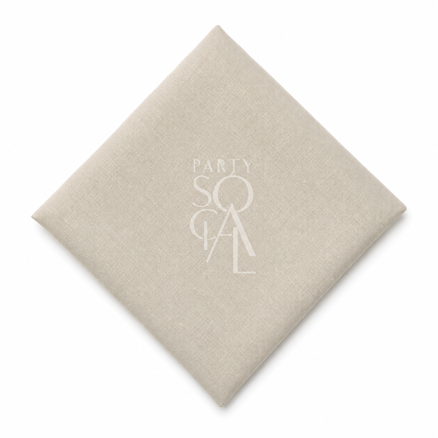 A square beige linen napkin displayed diagonally on a clean white background.