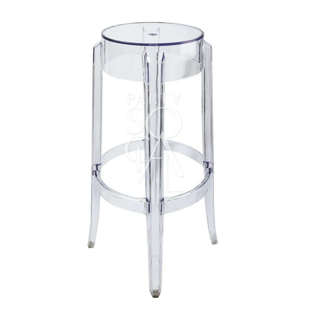 Ghost Chair Bar Stool, clear and round-topped, ideal for weddings and corporate events, offered by Party Social for versatile occasion settings.