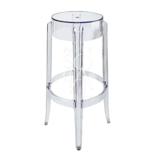 Ghost Chair Bar Stool, clear and round-topped, ideal for weddings and corporate events, offered by Party Social for versatile occasion settings.