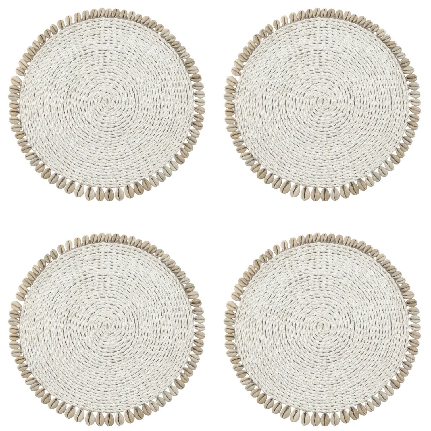 Coastal Shell Round Placemat – Set of 4 with woven natural fibers and cowrie shell edges, perfect for creating a stylish, beach-inspired tablescape.