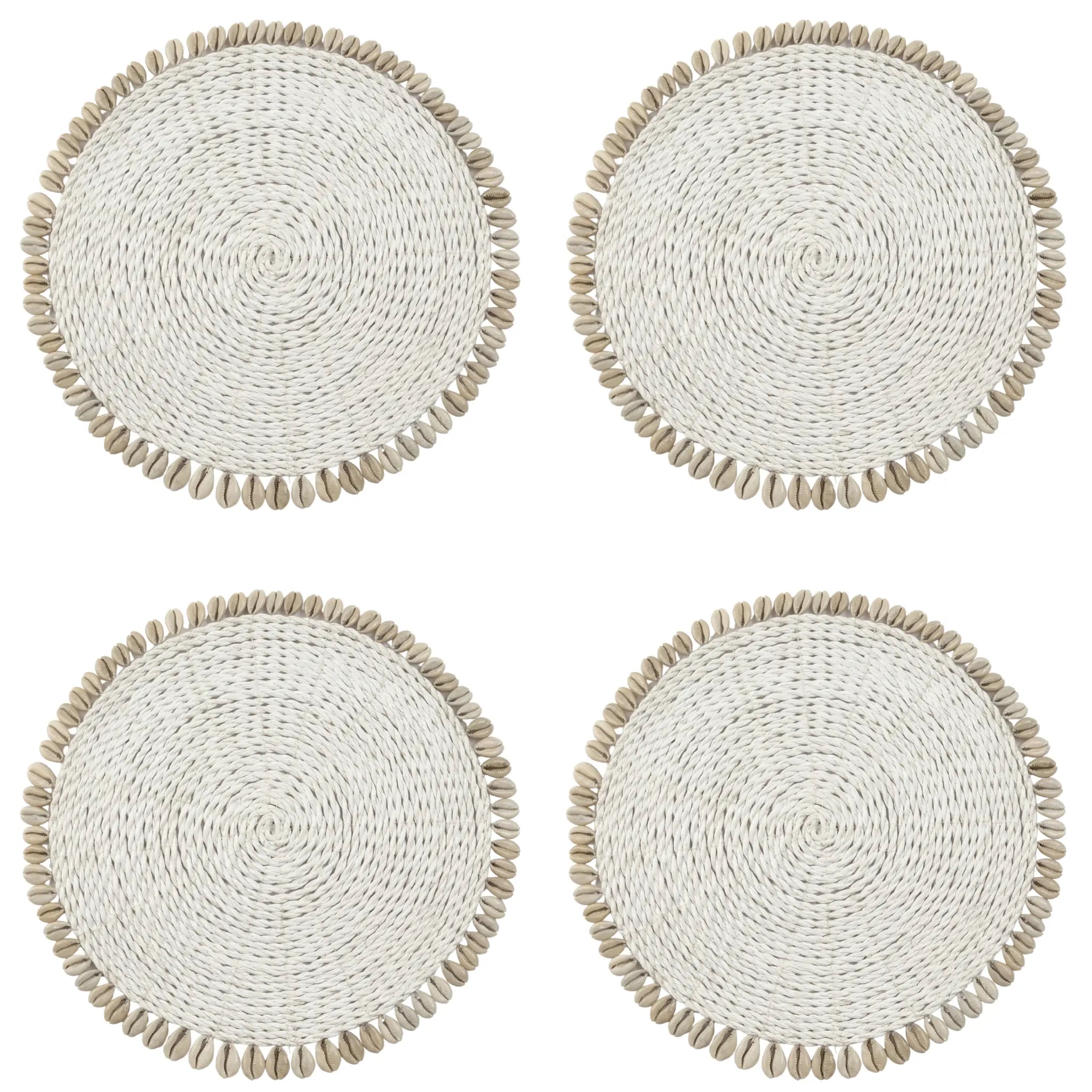 Coastal Shell Round Placemat – Set of 4 with woven natural fibers and cowrie shell edges, perfect for creating a stylish, beach-inspired tablescape.