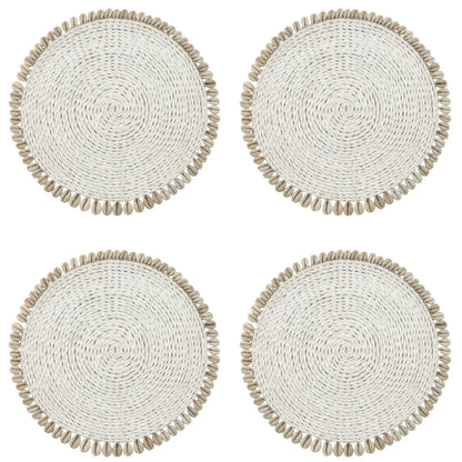 Coastal Shell Round Placemat – Set of 4 with woven natural fibers and cowrie shell edges, perfect for creating a stylish, beach-inspired tablescape.