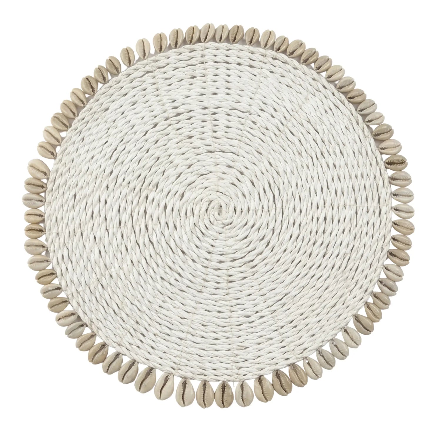 Coastal Shell Round Placemat – Set of 4, featuring a woven natural-fiber design with a cowrie shell border, ideal for enhancing coastal and summer-themed table settings.