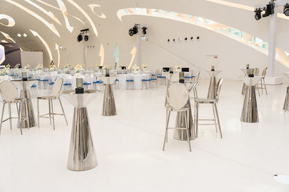 Gold Mirror Cocktail Tables in a white room, ideal for events, showcasing elegant design with a reflective surface.