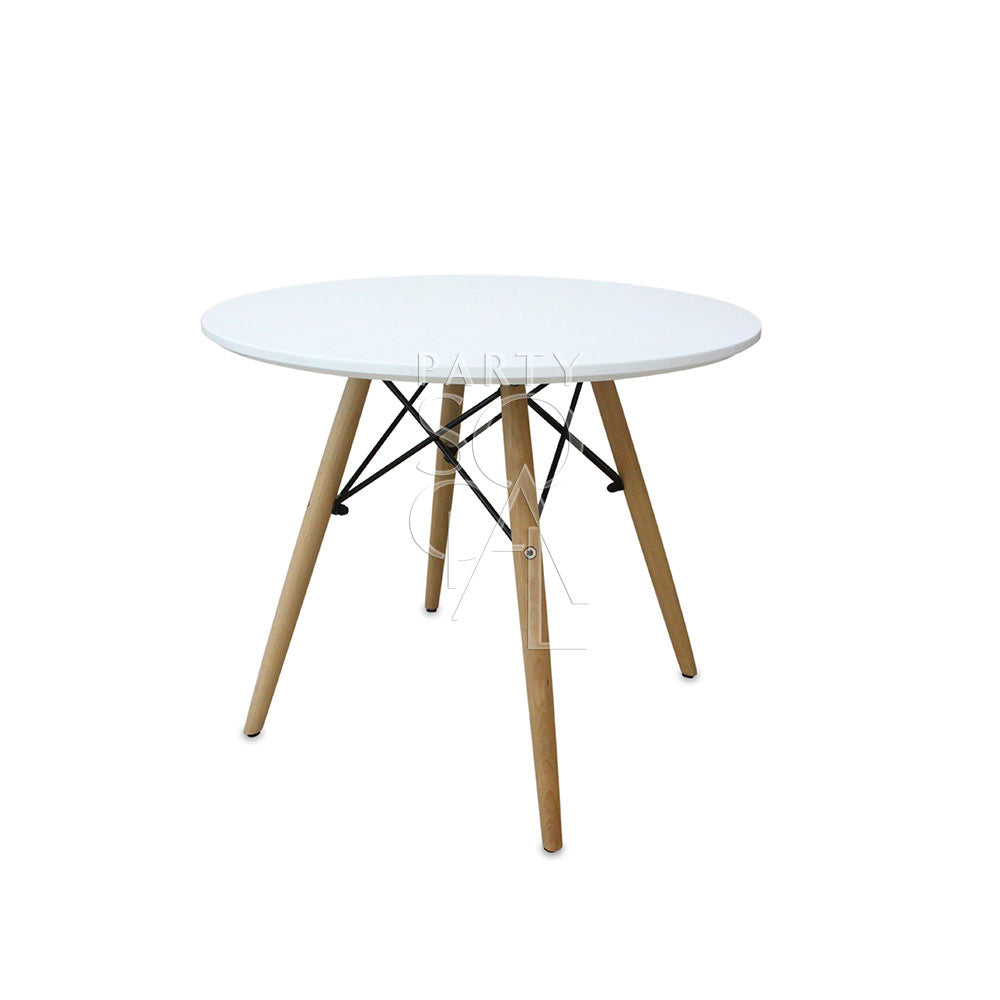 EAMES REPLICA COFFEE TABLE with round white top and wooden legs, perfect for events or home use, complements white Master&