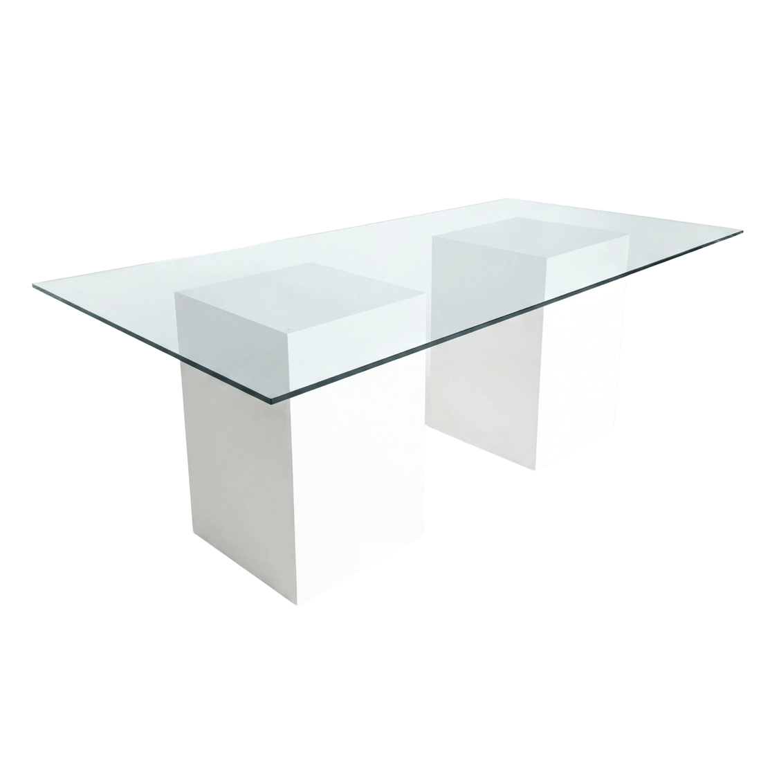 GLASS DINING TABLE with a clear glass top and white block supports, ideal for corporate and home events, offered by Party Social. Dimensions: 240cm x 130cm x 75cm.