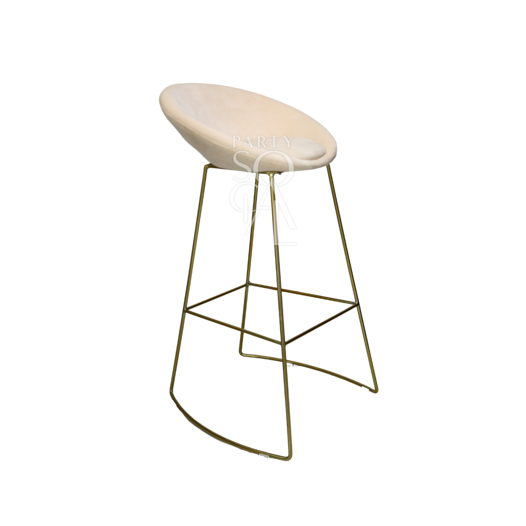 CREAM AND GOLD BASE BAR STOOL with a modern velvet finish, ideal for weddings and corporate events, featuring elegant gold legs for a sophisticated touch.