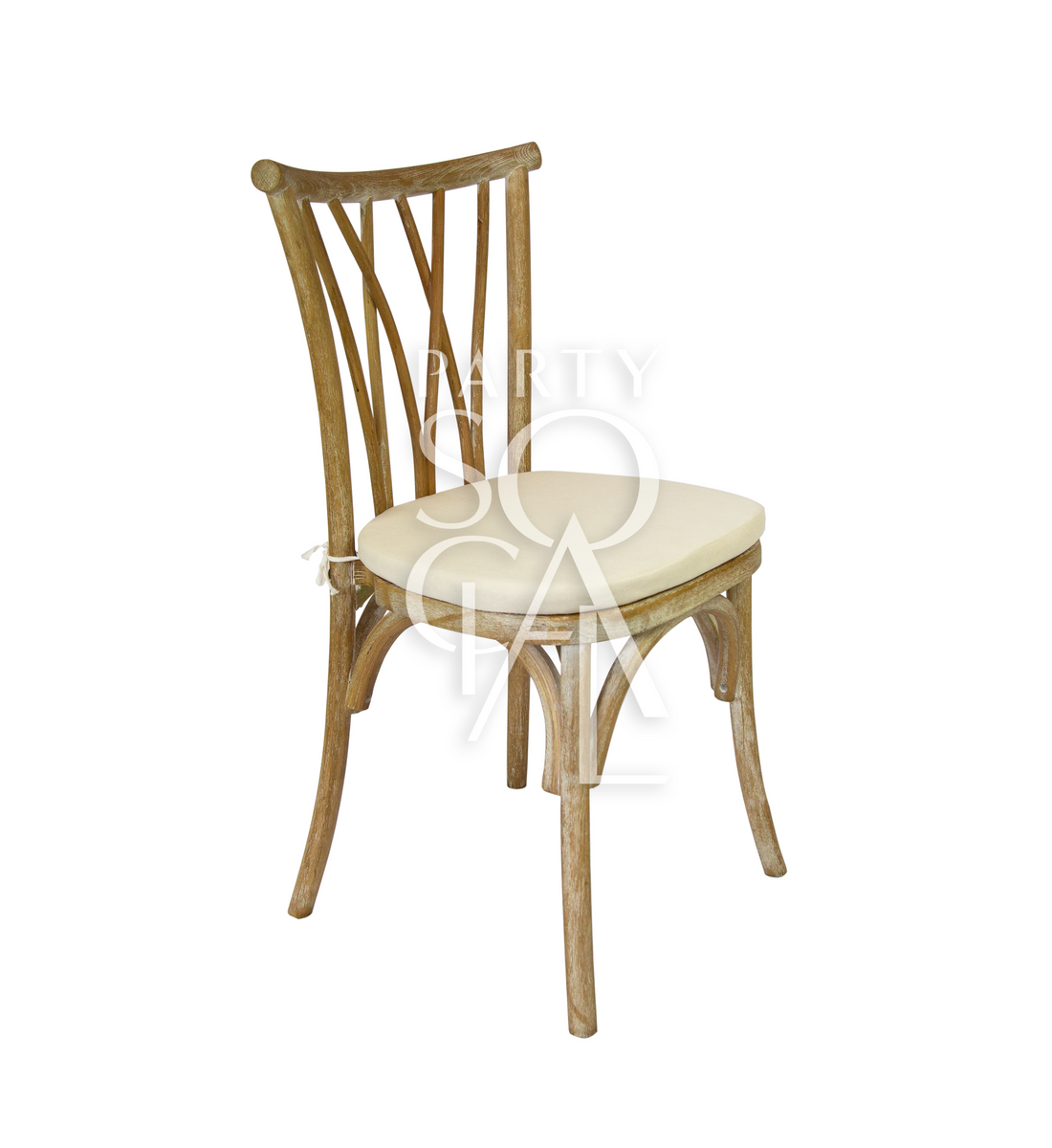 Crisscross Chair Oak Wood with cushion, ideal for weddings and events. Made from authentic oak, suitable for use with wooden tables or independently.