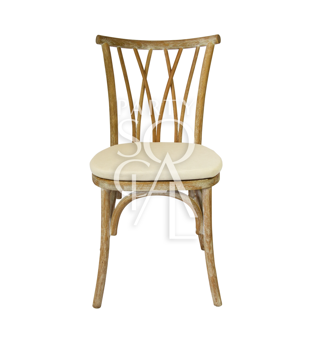 Crisscross Chair Oak Wood, featuring a vintage design with X-shaped slats and a cushion, ideal for weddings and corporate events.