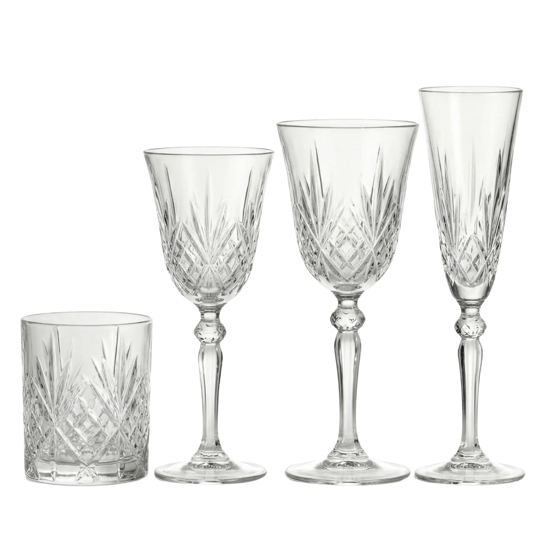 Crystal Rome Glassware Collection features four elegant cut-crystal glasses: tumbler, white wine, red wine, and champagne flute, perfect for sophisticated events by Party Social.