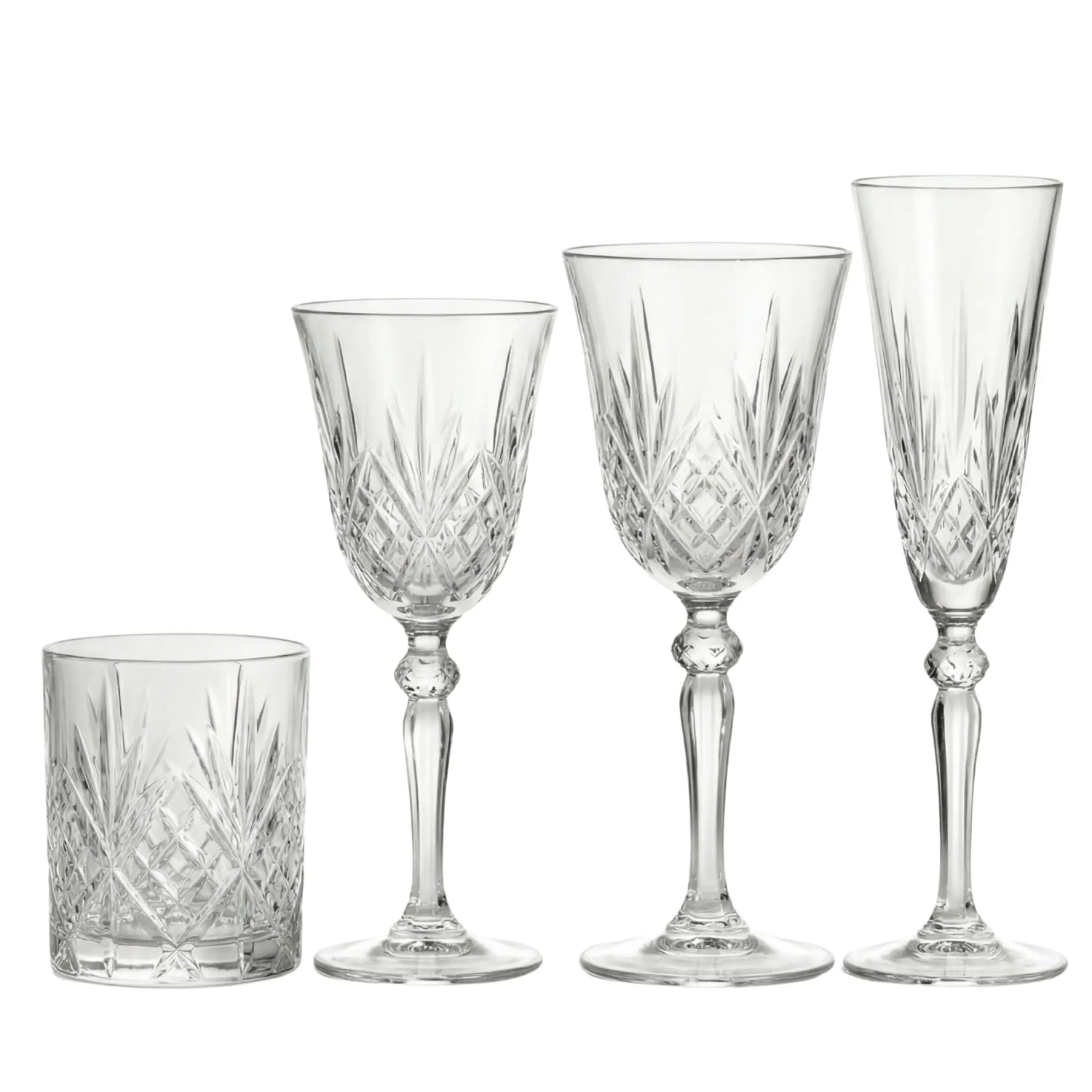 Crystal Rome Glassware Collection features four elegant cut-crystal glasses: tumbler, white wine, red wine, and champagne flute, perfect for sophisticated events by Party Social.
