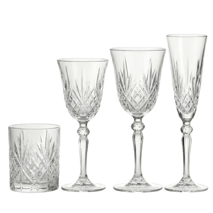 Crystal Rome Glassware Collection features four elegant cut-crystal glasses: tumbler, white wine, red wine, and champagne flute, perfect for sophisticated events by Party Social.