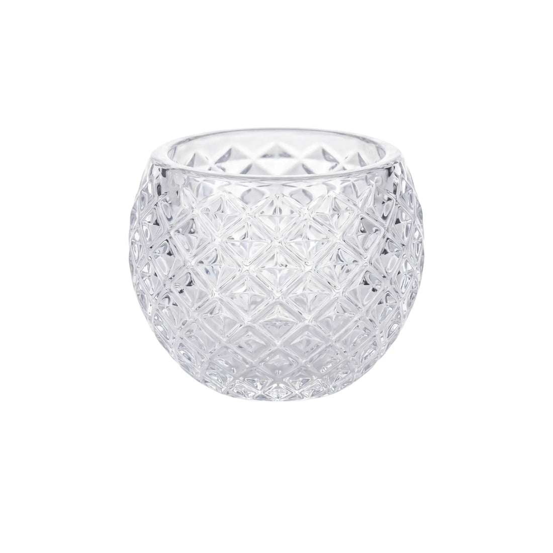 CRYSTAL TEA LIGHT CANDLE HOLDER with diamond-cut texture, ideal for elegant events. Perfect for tabletop decor. Candles sold separately. Dimensions: 6cm H x 6.5cm Dia.