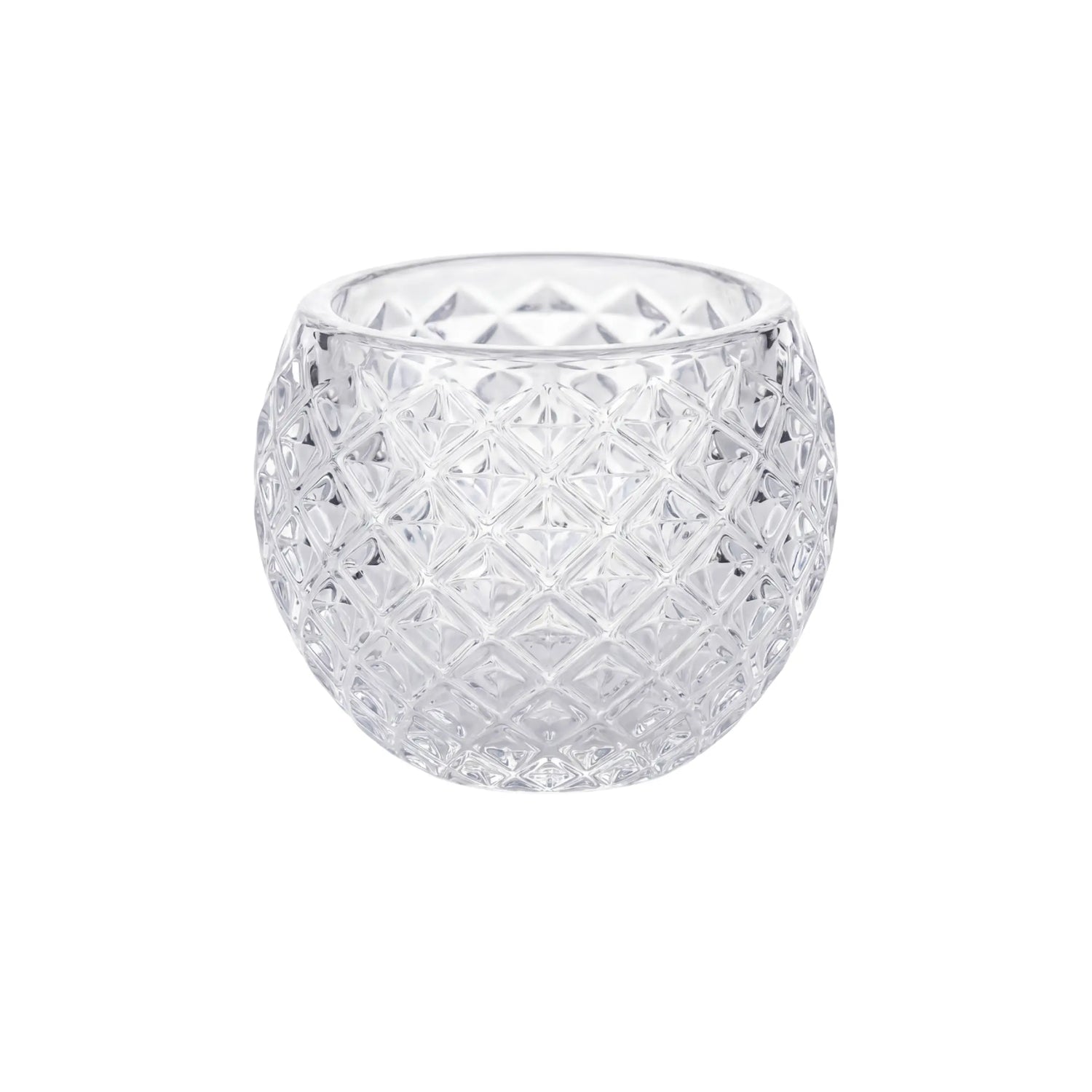 CRYSTAL TEA LIGHT CANDLE HOLDER with diamond-cut texture, ideal for elegant events. Perfect for tabletop decor. Candles sold separately. Dimensions: 6cm H x 6.5cm Dia.