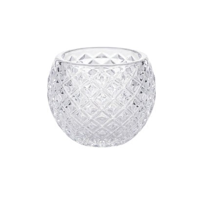 CRYSTAL TEA LIGHT CANDLE HOLDER with diamond-cut texture, ideal for elegant events. Perfect for tabletop decor. Candles sold separately. Dimensions: 6cm H x 6.5cm Dia.