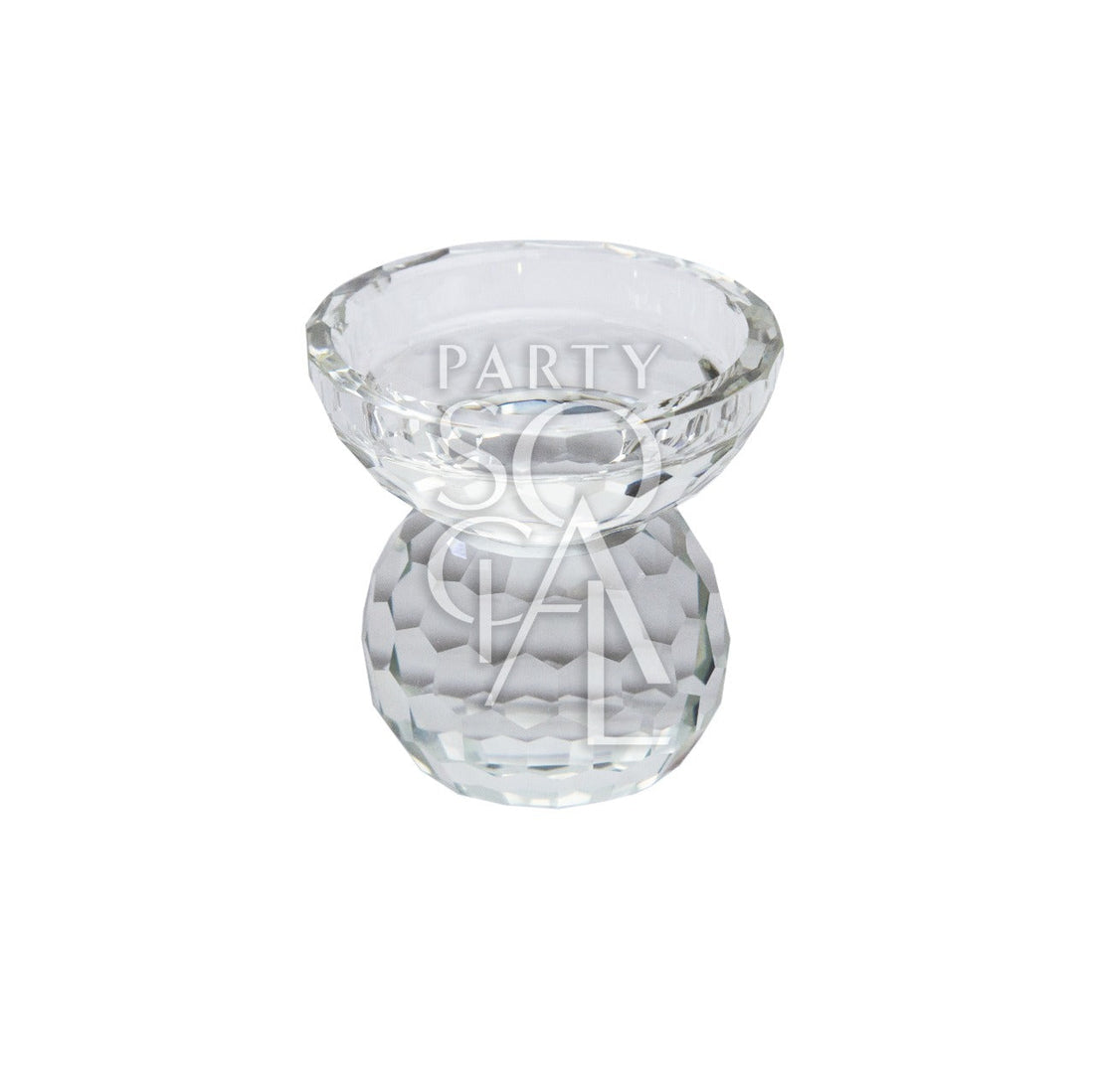 CRYSTAL GLASS CANDLE HOLDER: A faceted glass candle holder, ideal for premium events. Complements crystal, silver, and gold items. Dimensions: 10.5cm H x 9.5cm Dia.