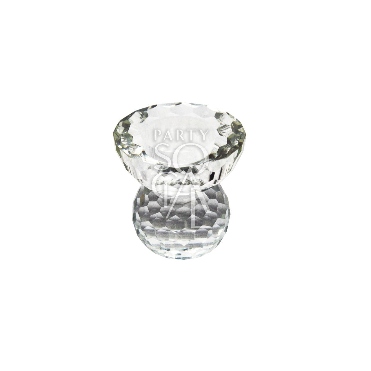 CRYSTAL GLASS TEA LIGHT CANDLE HOLDER, featuring a faceted design, perfect for elevating any event setting. Ideal for pairing with crystal, silver, and gold decor.