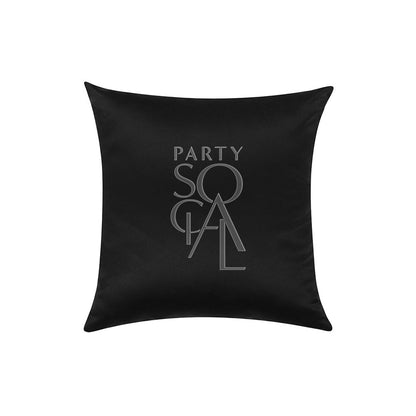 CUSHION COVER SATIN in black with logo, crafted from premium satin fabric. Ideal for event decor, available in multiple sizes.