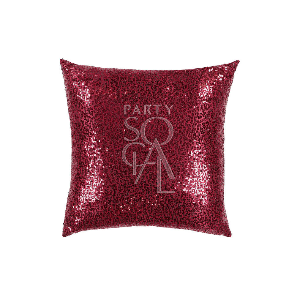 CUSHION COVER SEQUIN: Red throw pillow with glittery sequin design, perfect for adding a festive touch to party decor.