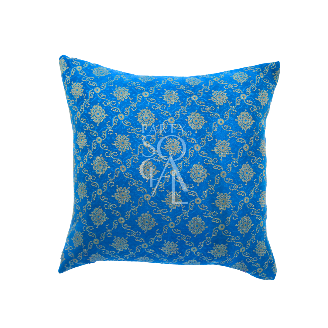 CUSHION COVER BROCADE: Premium brocade cushion cover with intricate blue and gold patterns, ideal for enhancing event decor. Measures 40cm x 40cm.