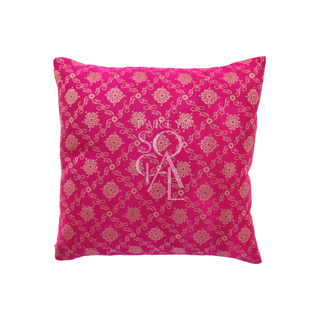 CUSHION COVER BROCADE: A decorative throw pillow cover with a floral brocade pattern, perfect for adding elegance to any party or event setting.