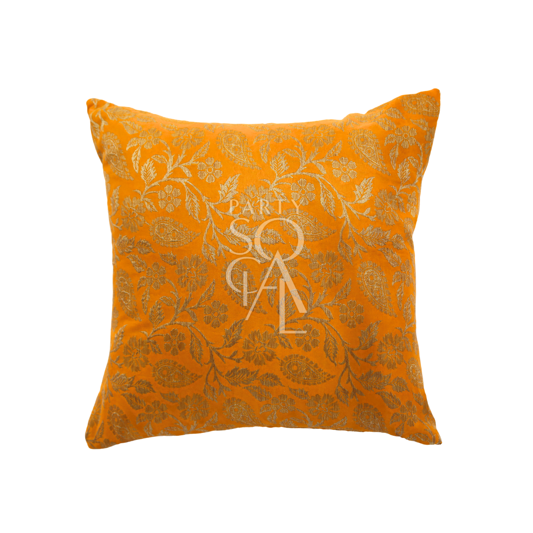 CUSHION COVER BROCADE: Premium brocade fabric cushion cover featuring a white logo. Ideal for enhancing event decor with a touch of elegance.