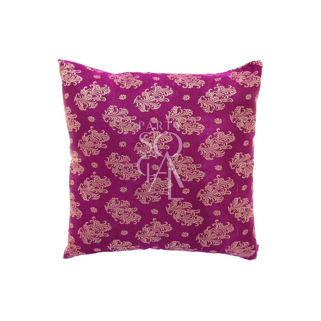 CUSHION COVER BROCADE in purple with intricate gold and pink designs, crafted from premium brocade fabric, measuring 40cm by 40cm.