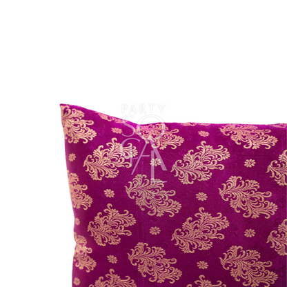 CUSHION COVER BROCADE: Close-up of a premium brocade fabric pillow, highlighting intricate patterns and texture, ideal for enhancing event decor.