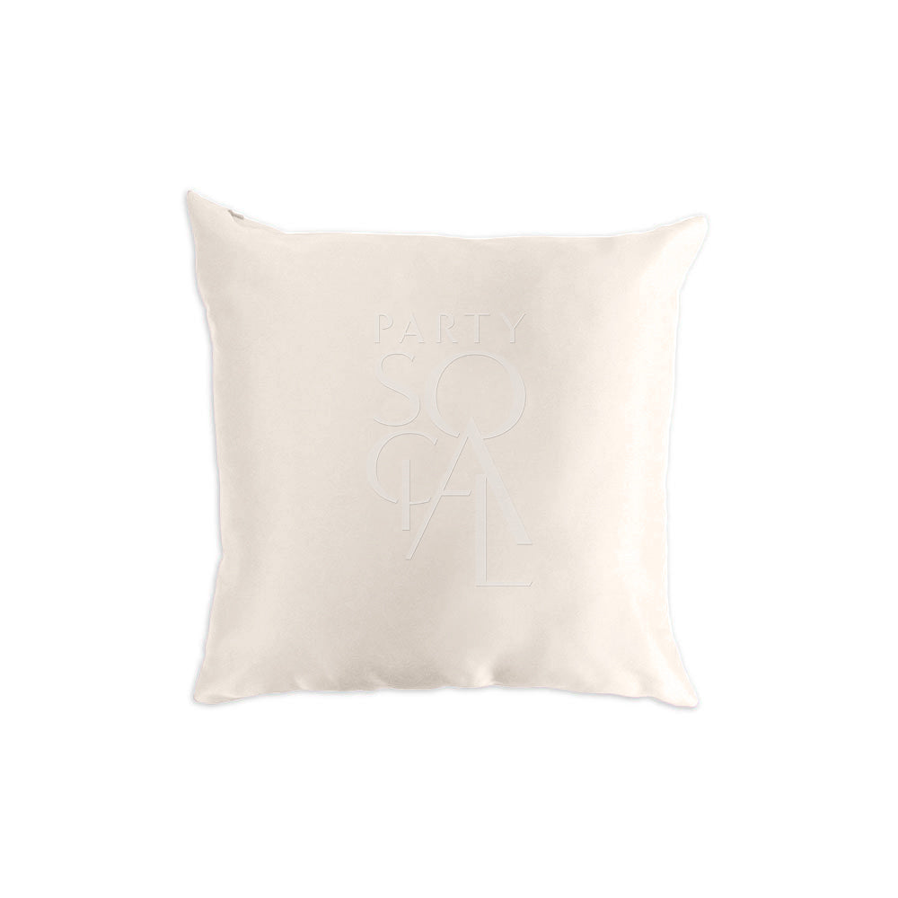 CUSHION COVER SATIN: White pillow with a logo, crafted from premium satin fabric. Available in various sizes, perfect for enhancing party and event decor.