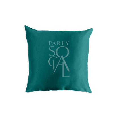 CUSHION COVER SATIN: Green pillow with a logo, crafted from premium satin fabric, ideal for enhancing party decor with elegant comfort. Available in multiple sizes.