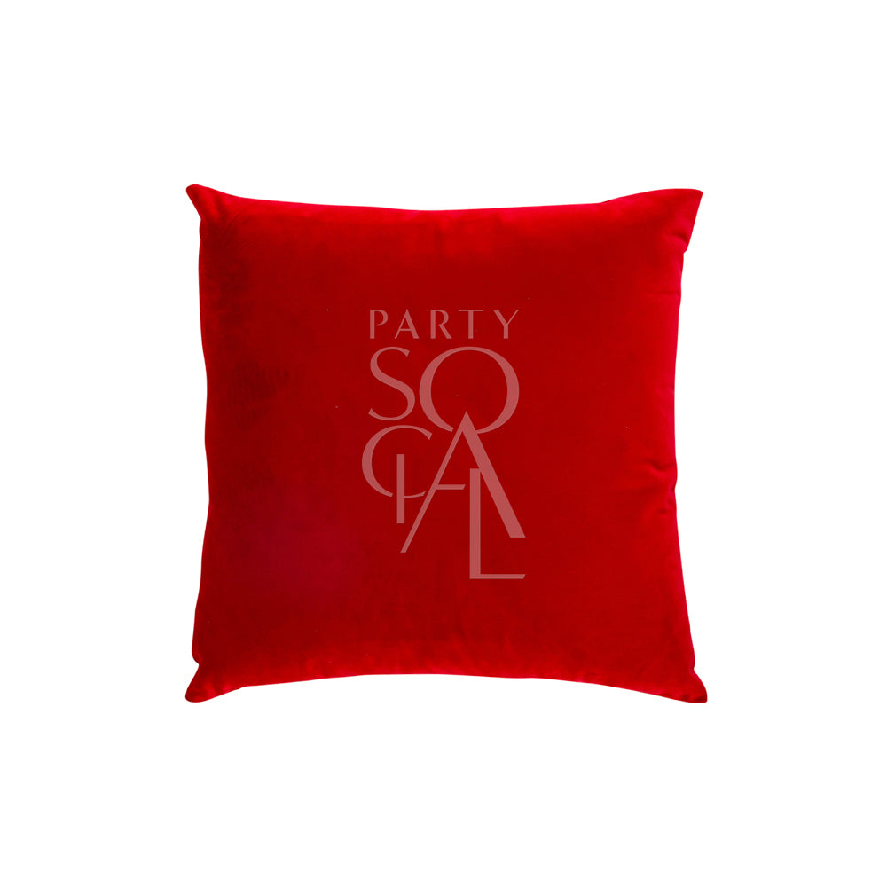 CUSHION COVER SATIN: Red satin cushion cover featuring a logo, ideal for adding elegance to party settings. Available in three sizes.