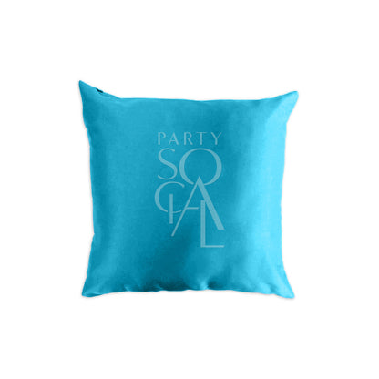 CUSHION COVER SATIN: A blue satin cushion cover featuring a logo, ideal for enhancing event décor, available in multiple sizes for versatile styling.