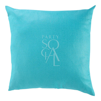 CUSHION COVER LINEN BLEND: A soft blue pillow with white text, available in two sizes, perfect for adding elegance to party decor.