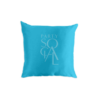 CUSHION COVER SATIN: Blue satin throw pillow with a logo, ideal for event decor or party settings, available in multiple sizes.