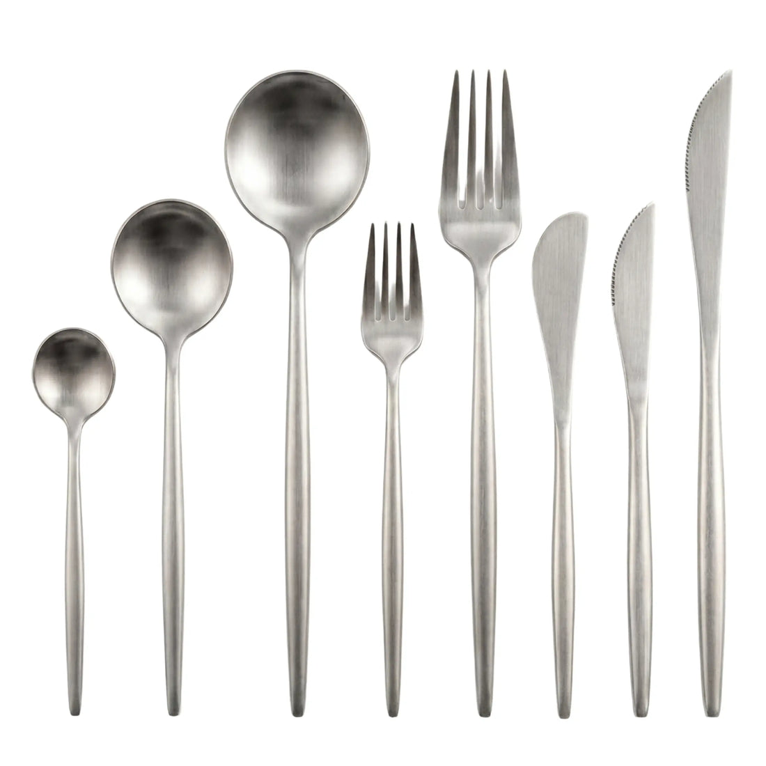 Silver Modern Cutlery Collection: Stainless-steel teaspoon, tablespoon, serving spoon, salad fork, dinner fork, two spreader knives, and a serrated dinner knife, ideal for elegant events.