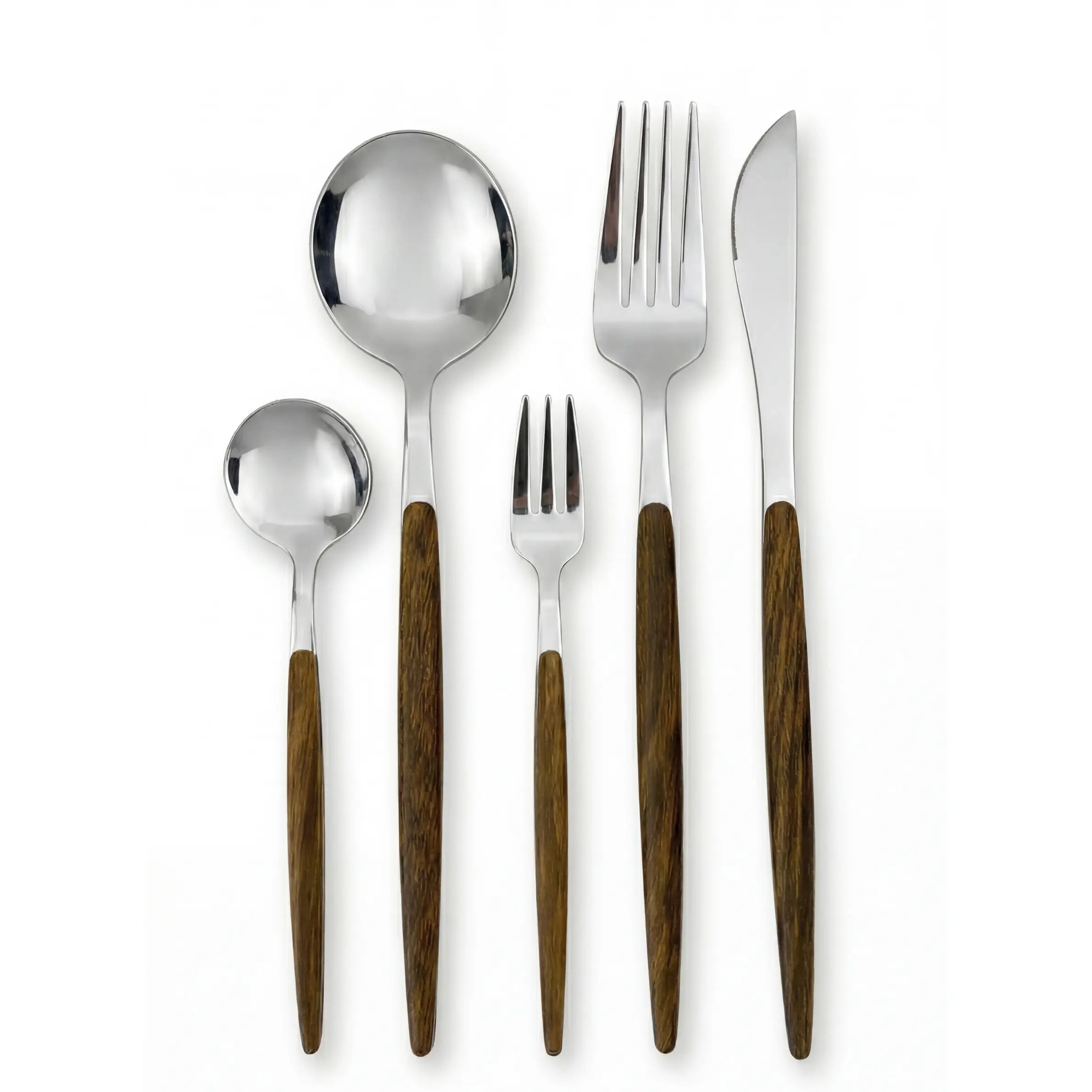 Wooden Silver Cutlery Collection: A five-piece flatware set with stainless-steel heads and tapered wood-grain handles, ideal for enhancing table settings at special events.