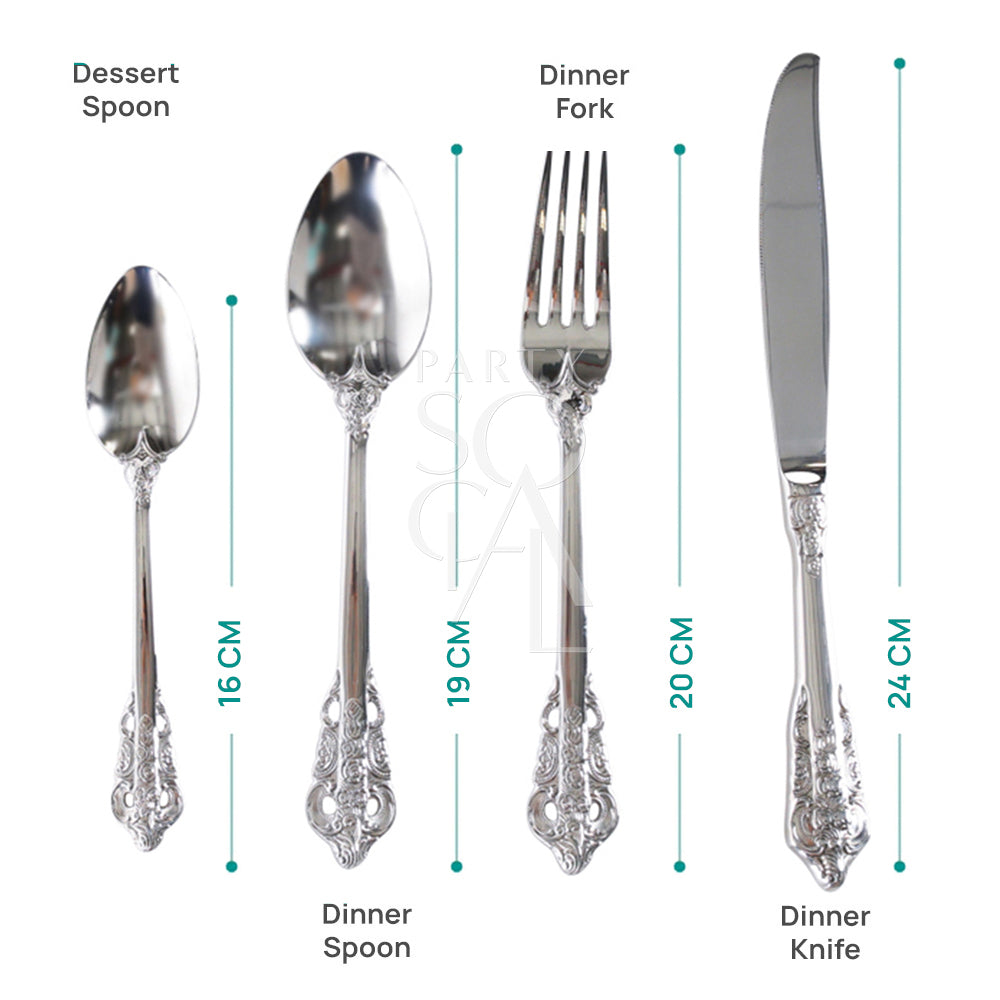 CUTLERY VINTAGE SILVER (SET OF 4 PIECE) - Close-up of vintage silver cutlery, including a knife, showcasing detailed measurements for a distinctive table setting.
