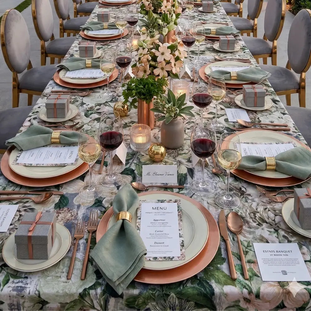 Designer Green Floral Rectangular Tablecloth elegantly drapes a banquet table, set with rose-gold accents, floral centerpieces, and sophisticated place settings for an outdoor celebration.