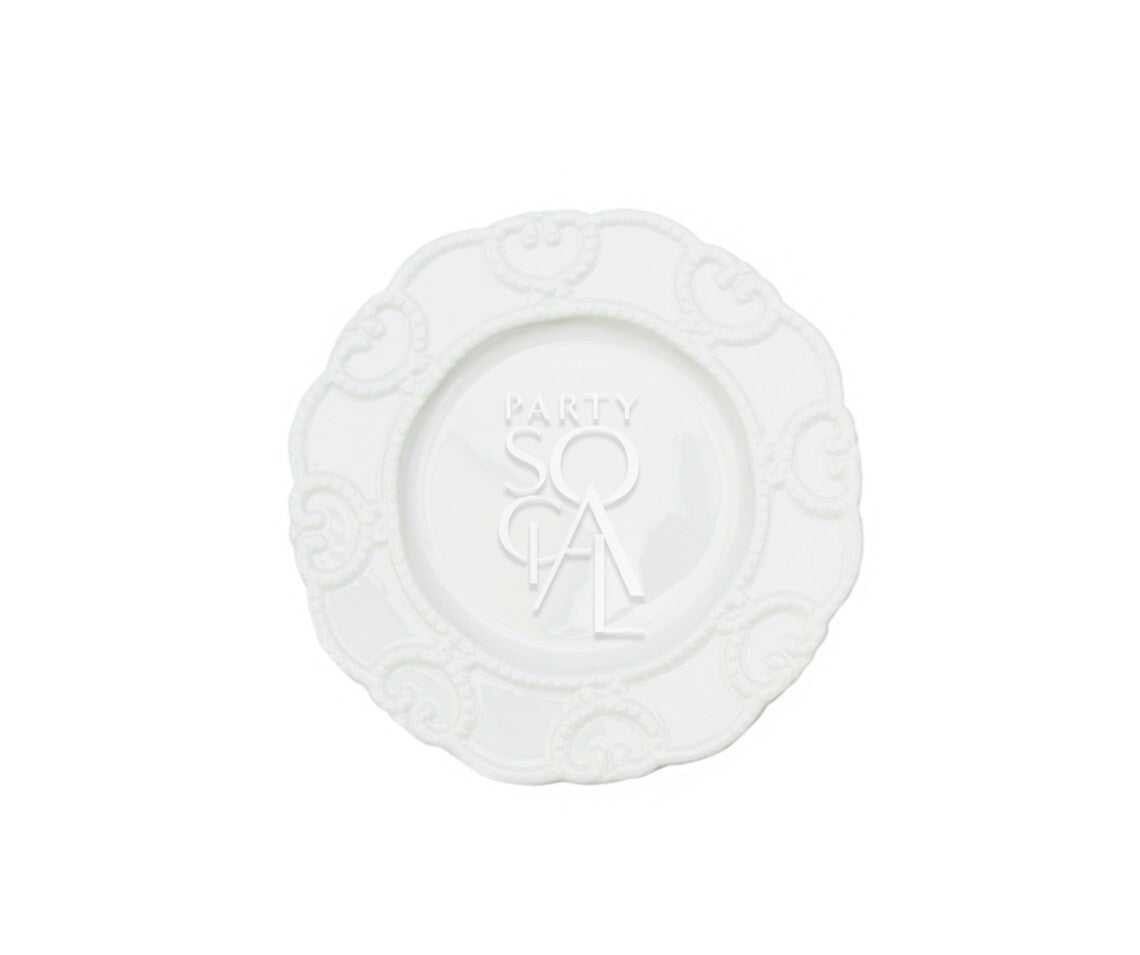 White Embossed-Plates featuring a modern, luxurious design with embossed detailing, ideal for elegant table settings at events or special occasions.