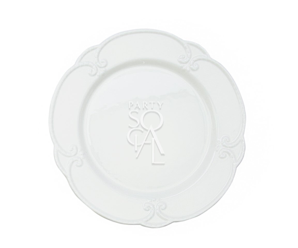 White Embossed-Plates featuring a modern design, ideal for luxurious table setups, including charger, dinner, dessert, and B&amp;B plates, seen on a white platter.