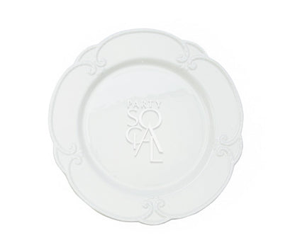 White Embossed-Plates featuring a modern design, ideal for luxurious table setups, including charger, dinner, dessert, and B&amp;B plates, seen on a white platter.