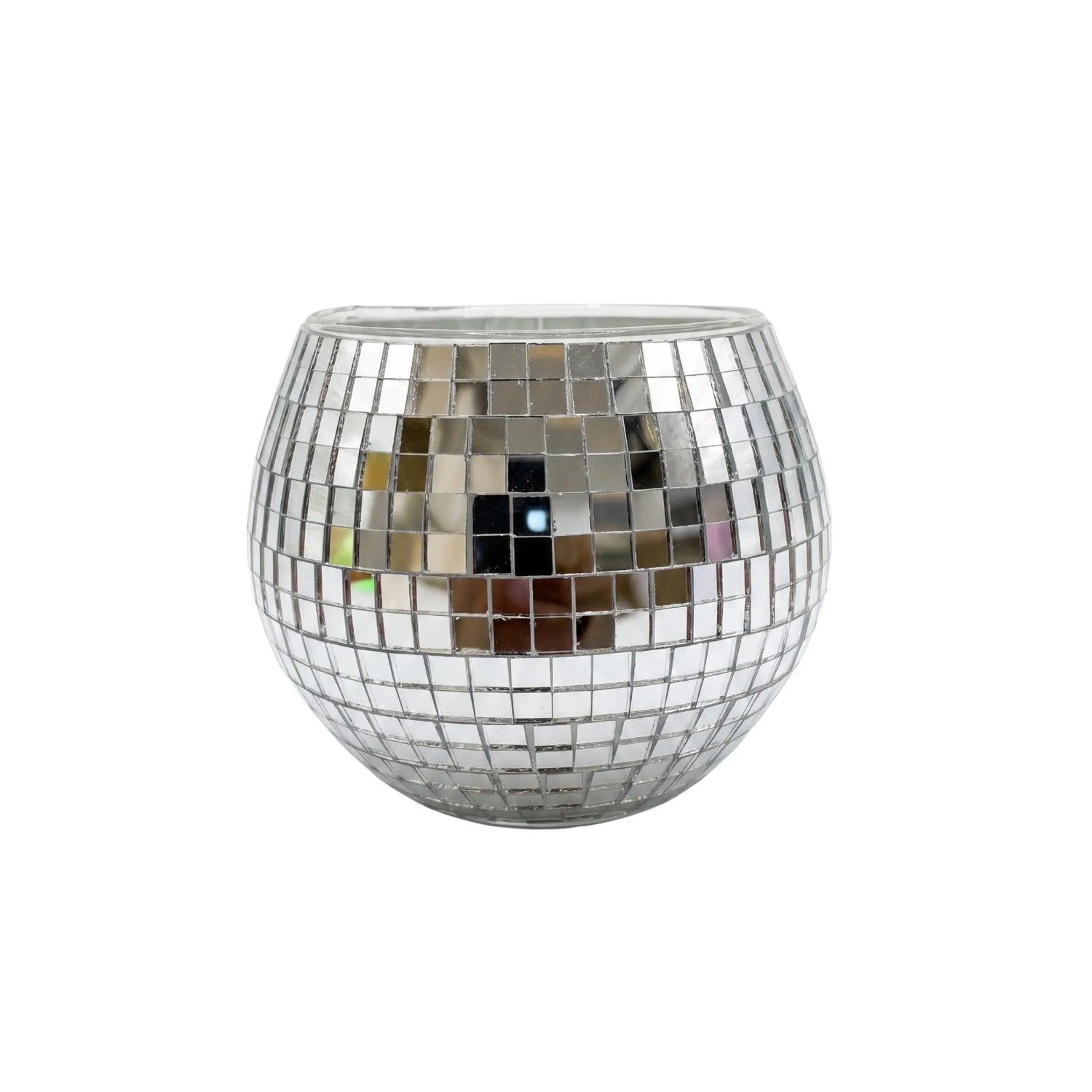 DISCO BALL CANDLE HOLDER, a small round holder covered in mirrored tiles, perfect for adding a stylish touch to any premium event setting.