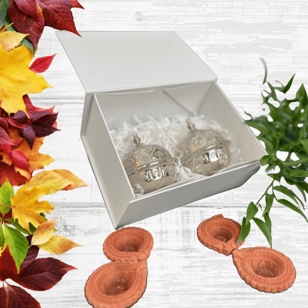 Diwali Gift Box-Small featuring silver ornaments and leaves, includes handcrafted Moroccan mini-bowls, perfect for festive décor or gifting during Diwali.