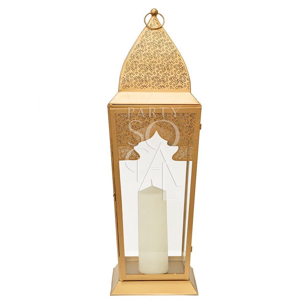 Rose Gold Lantern with a candle inside, available in various sizes, ideal for party decor from Party Social. Candles not included.