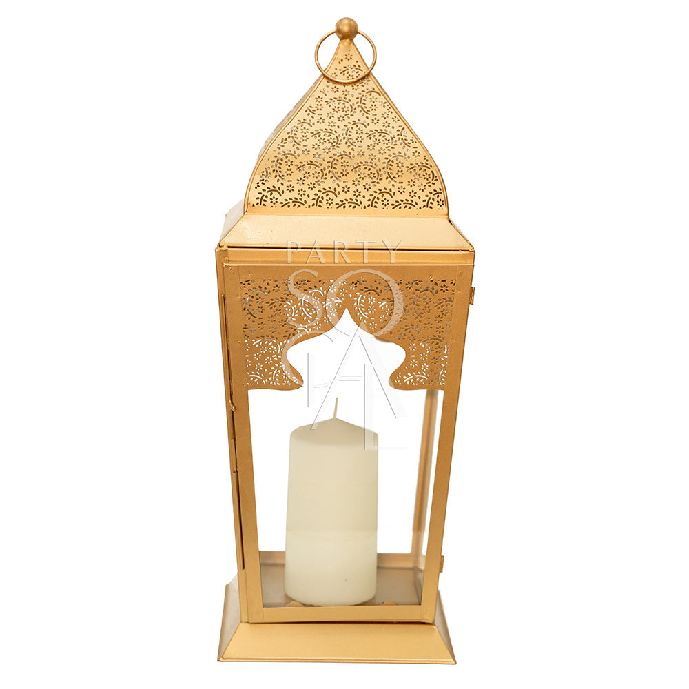 Rose Gold Lantern with a candle inside, ideal for event decor. Available in multiple sizes, enhancing ambiance at parties and special occasions.