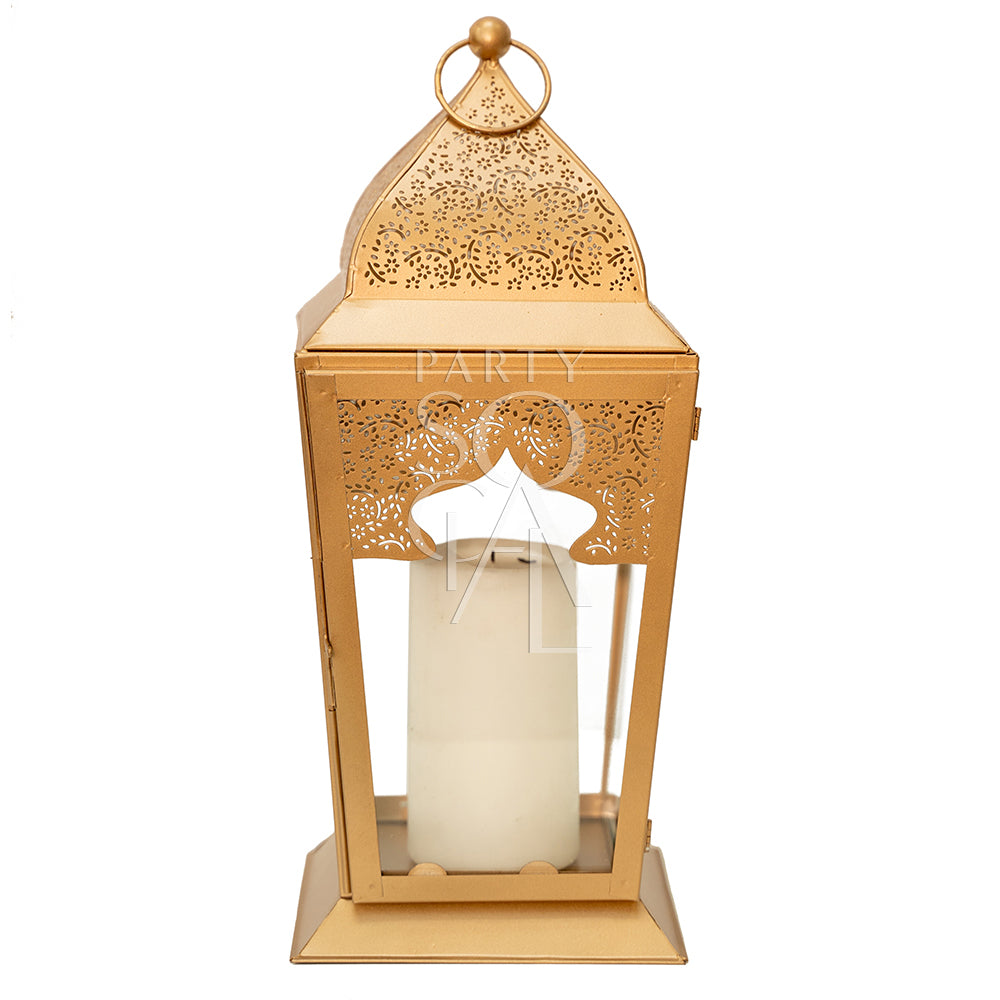 Rose Gold Lantern with a candle inside, available in various sizes at Party Social. Candle not included. Ideal for enhancing party or event decor.