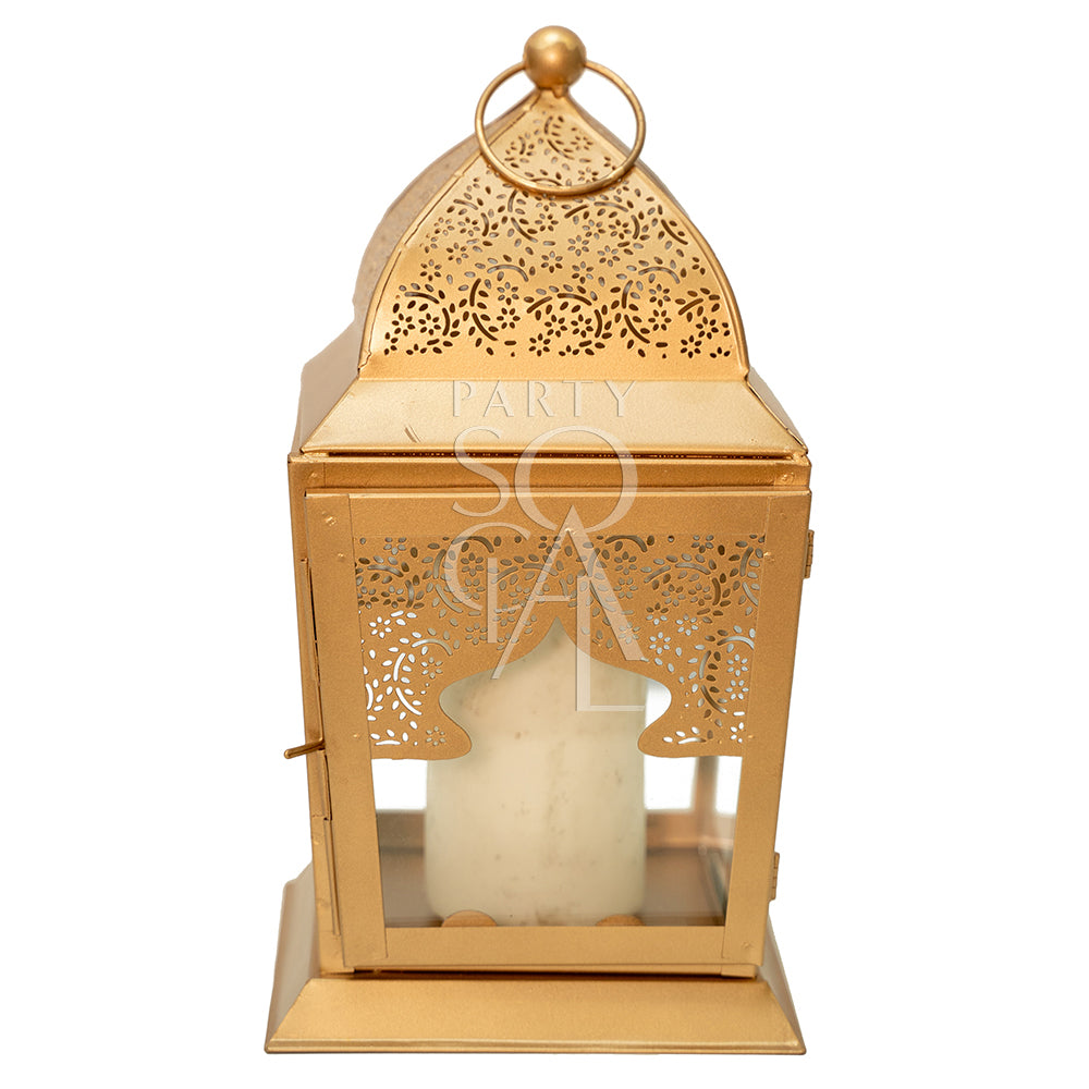 Rose Gold Lantern with candle inside, showcasing elegant design for events. Available in multiple sizes, perfect for party decorations and ambient lighting.